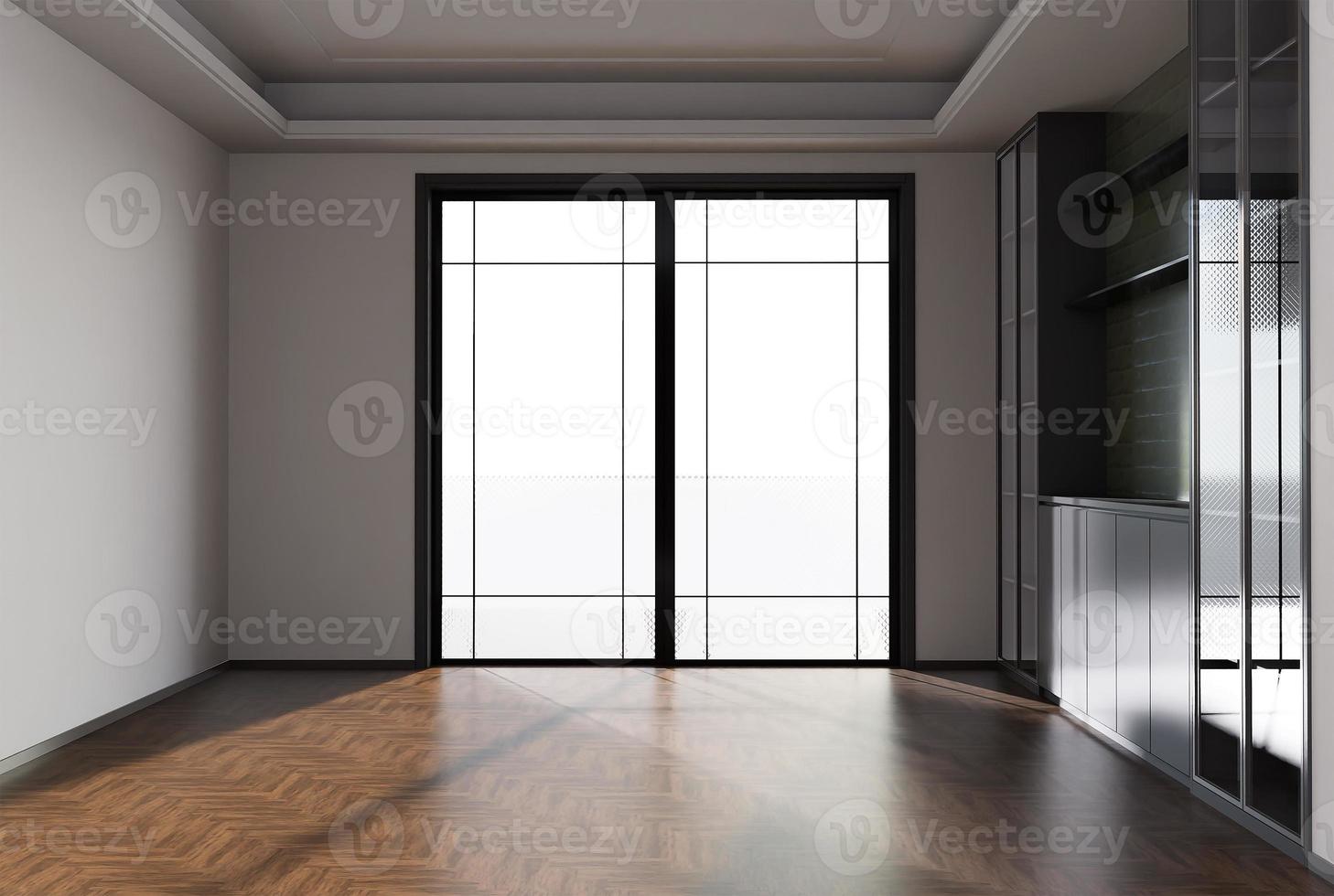 Home interior rendering with empty room color wall and decorated with wooden floors. photo