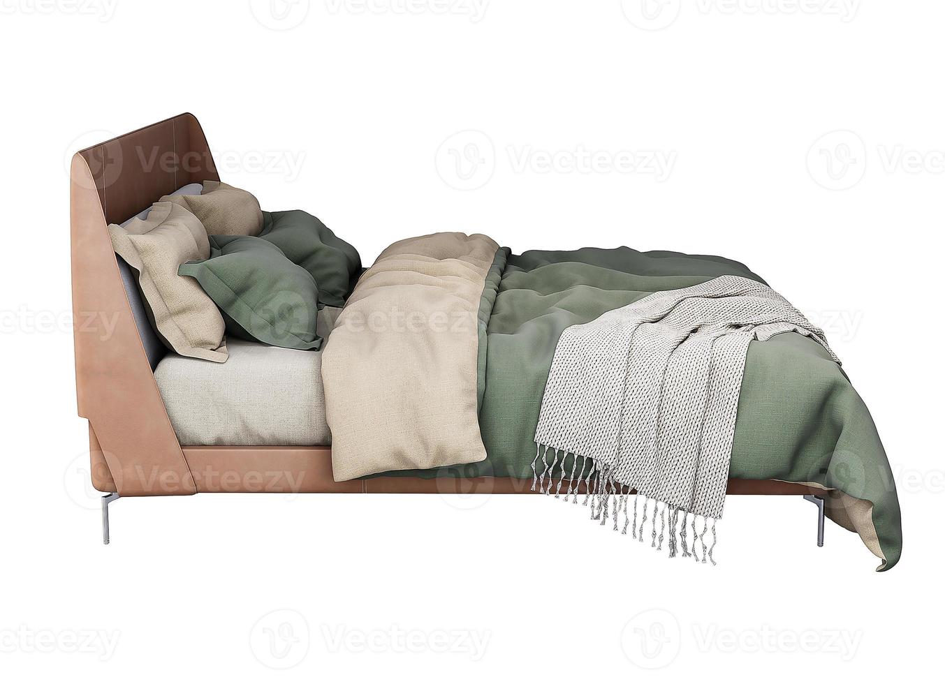 3d Furniture brown green fabric double bed isolated on a white background, Decoration Design for bedroom photo