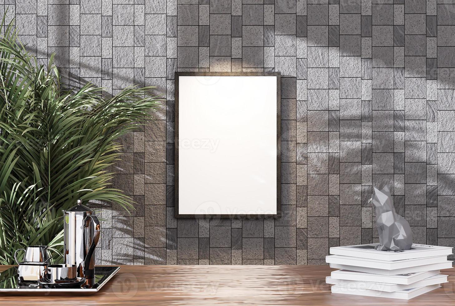 Empty room photo frame with tile wall, interior background image.