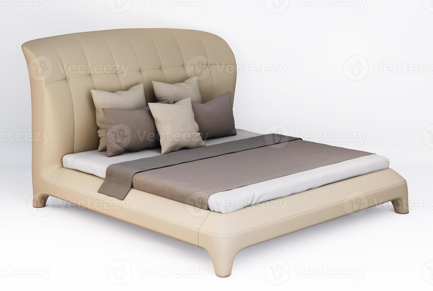 3d Furniture beige leather double bed isolated on a white background with Clipping path, Decoration Design for bedroom photo
