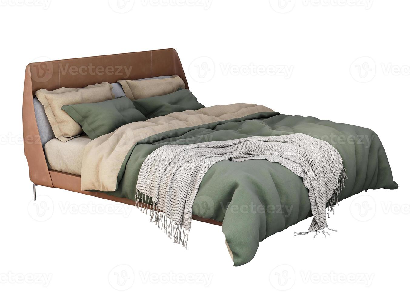 3d Furniture brown green fabric double bed isolated on a white background, Decoration Design for bedroom photo