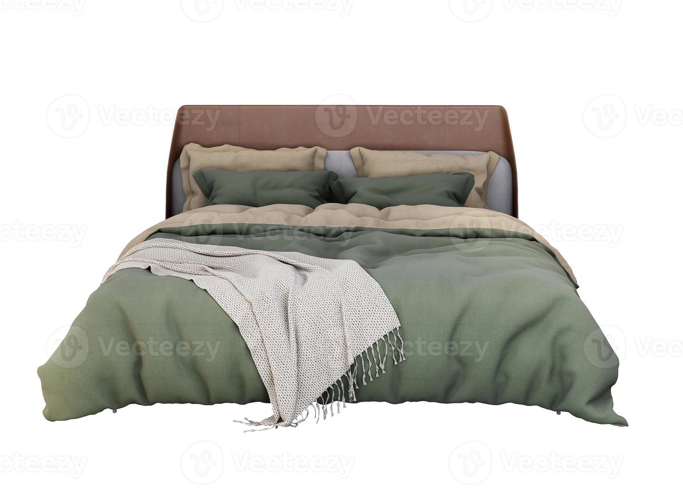 3d Furniture brown green fabric double bed isolated on a white background, Decoration Design for bedroom photo