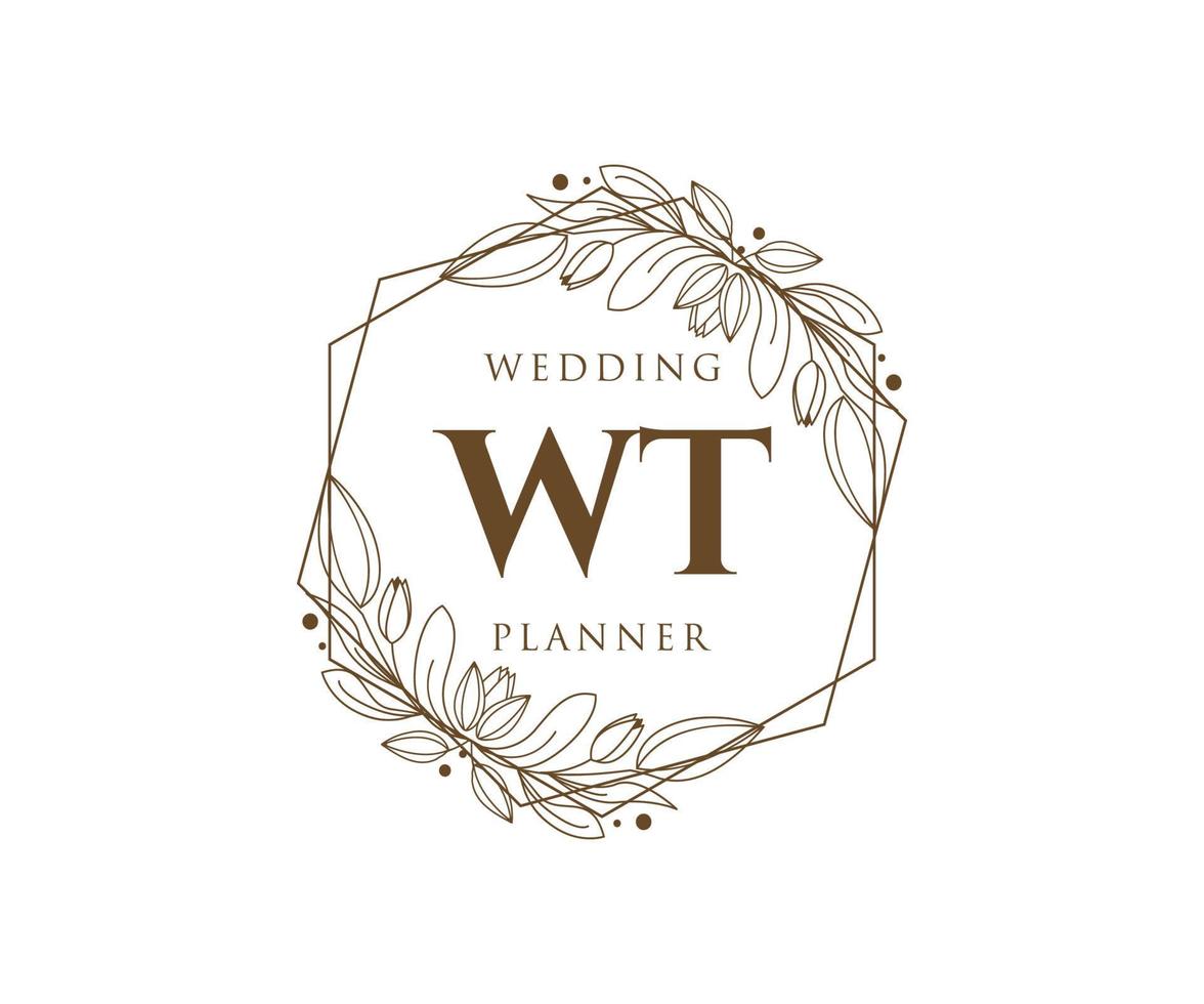 colección de logotipos de monograma de boda con letras iniciales wt, plantillas florales y minimalistas modernas dibujadas a mano para tarjetas de invitación, guardar la fecha, identidad elegante para restaurante, boutique, café en vector