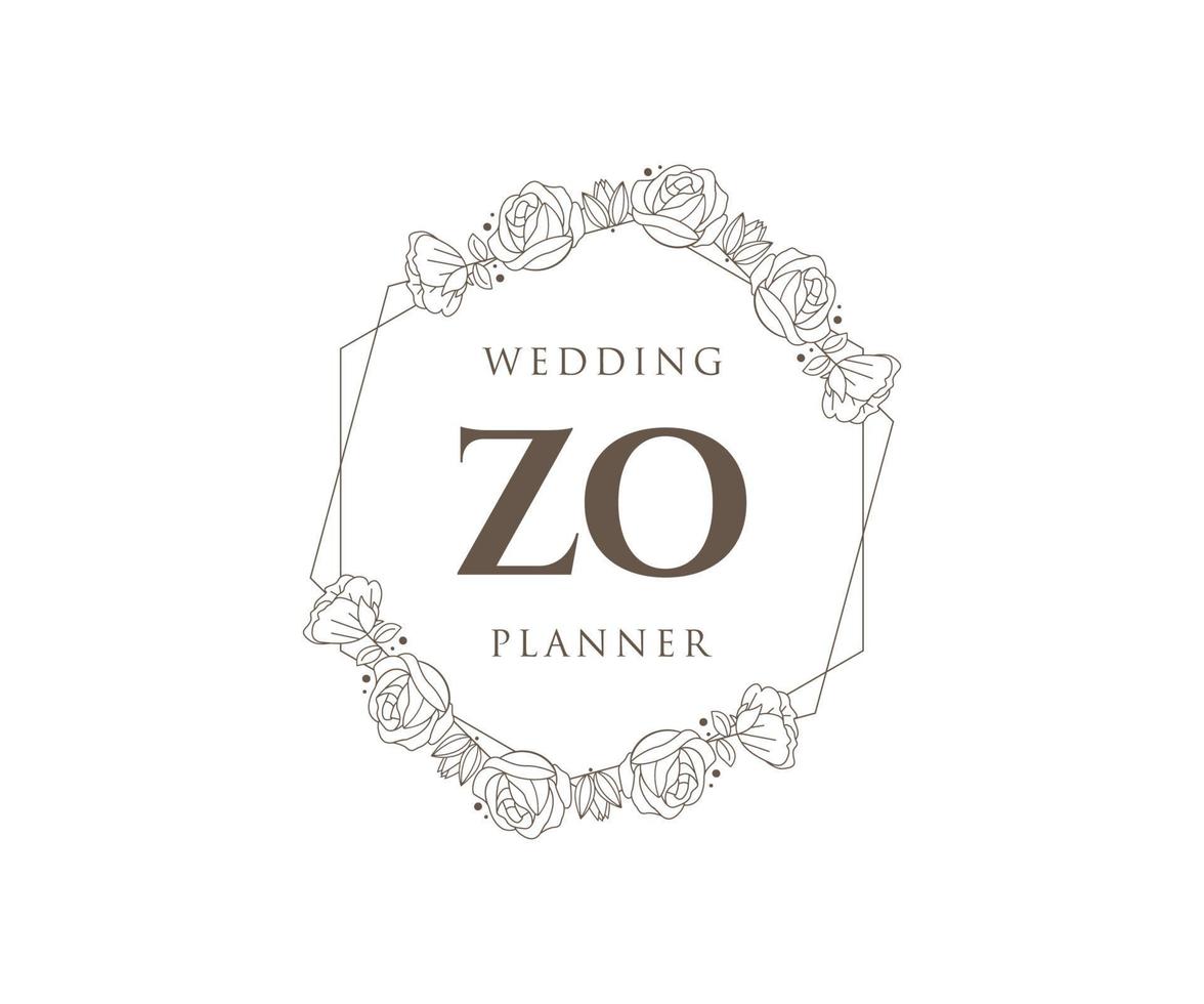 Colección de logotipos de monograma de boda con letras iniciales de zo, plantillas florales y minimalistas modernas dibujadas a mano para tarjetas de invitación, guardar la fecha, identidad elegante para restaurante, boutique, café en vector