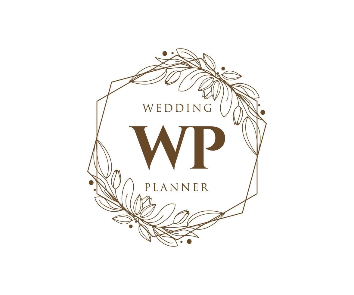 colección de logotipos de monogramas de boda con letras iniciales wp, plantillas florales y minimalistas modernas dibujadas a mano para tarjetas de invitación, guardar la fecha, identidad elegante para restaurante, boutique, café en vector