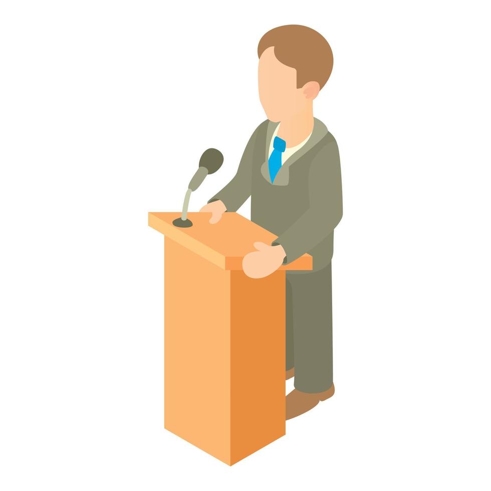 Orator speaking from tribune icon, cartoon style vector