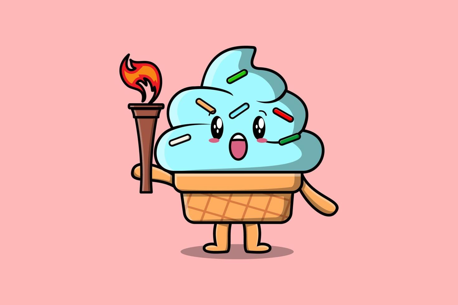 cute Ice cream cartoon holding fire torch vector