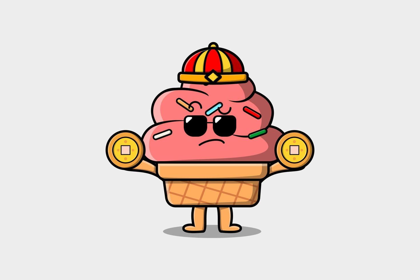 lindo personaje chino de helado de dibujos animados sostener moneda vector