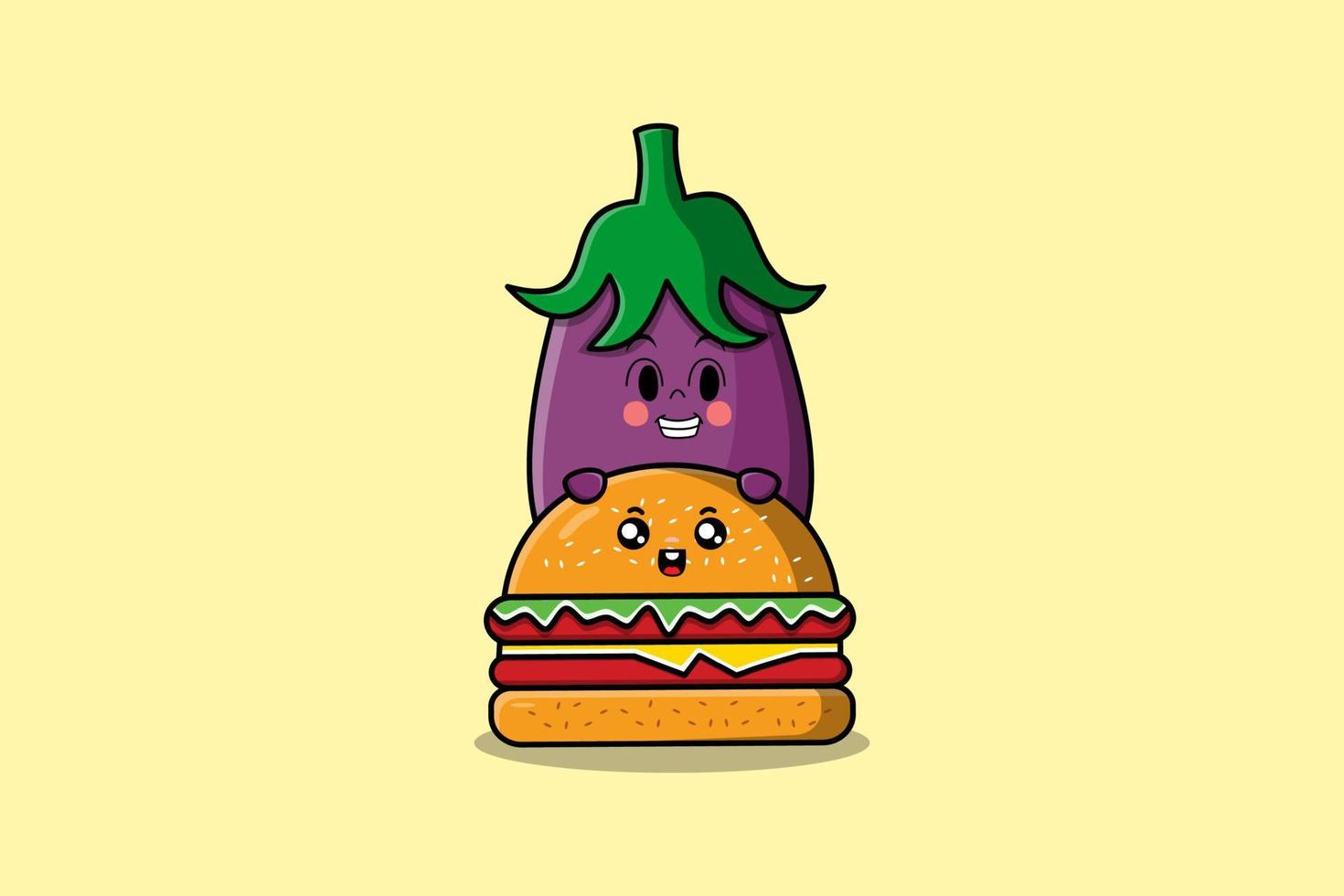 lindo personaje de dibujos animados de berenjena escondido en hamburguesa vector