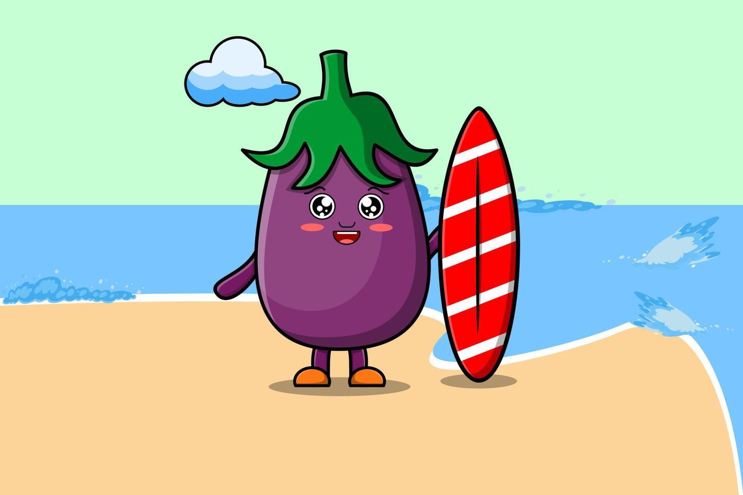 Cute cartoon Eggplant character playing surfing vector