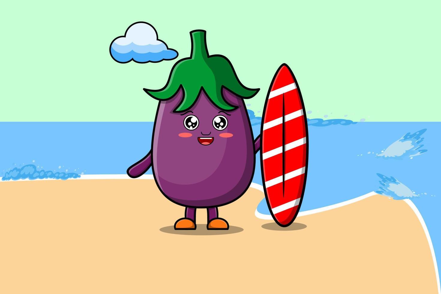 Cute cartoon Eggplant character playing surfing vector