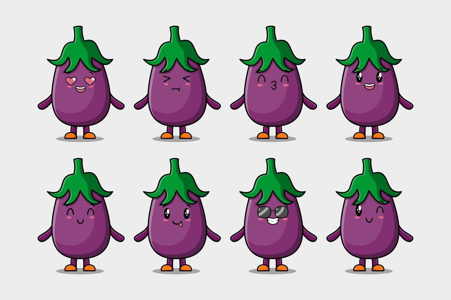 Set kawaii Eggplant cartoon different expressions vector