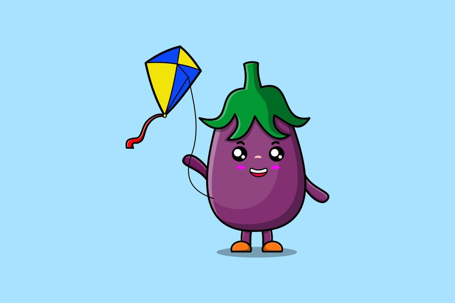 Cute cartoon Eggplant character playing kite fly vector