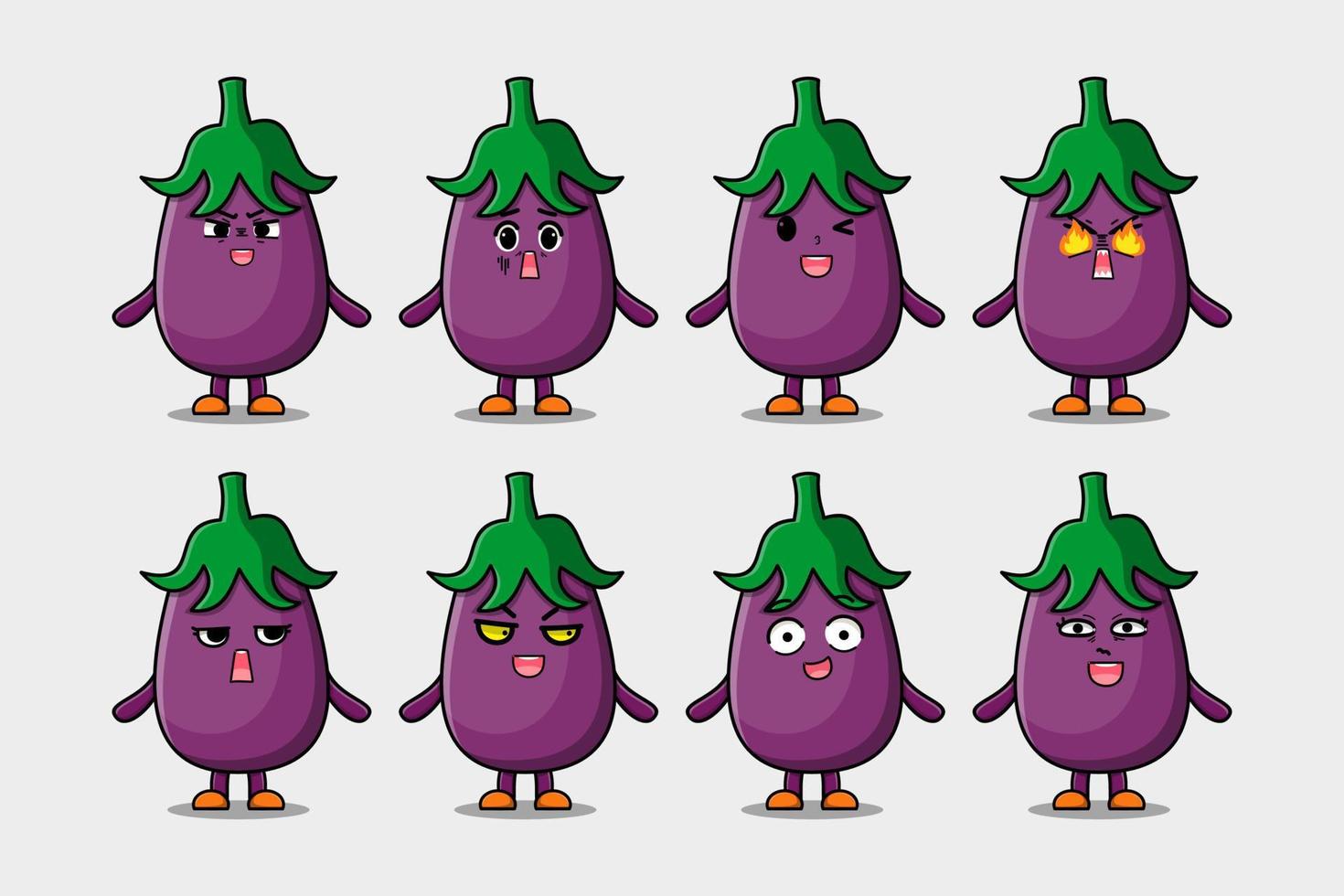 Set kawaii Eggplant cartoon different expressions vector