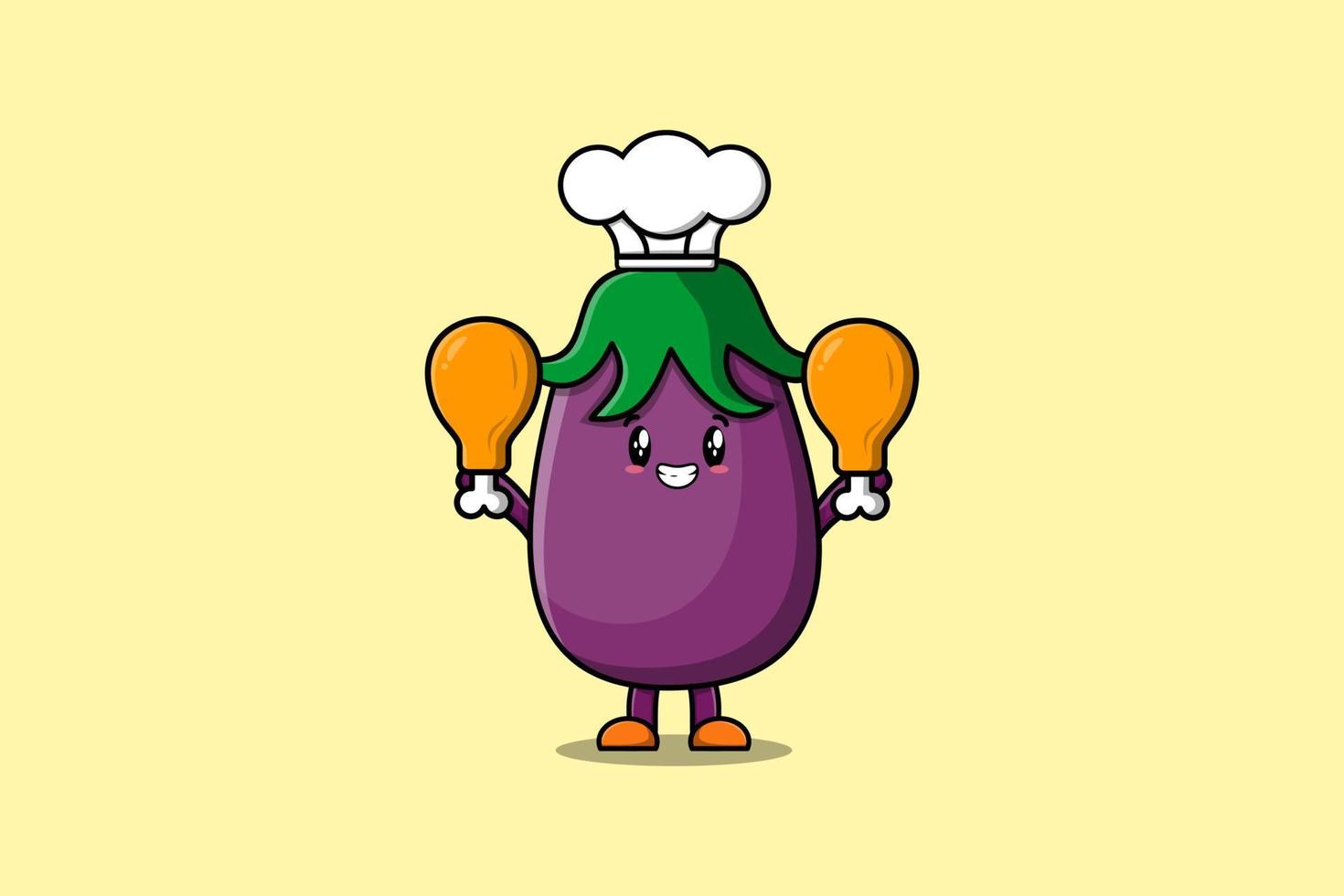 Cute cartoon Eggplant chef hold two chicken thighs vector