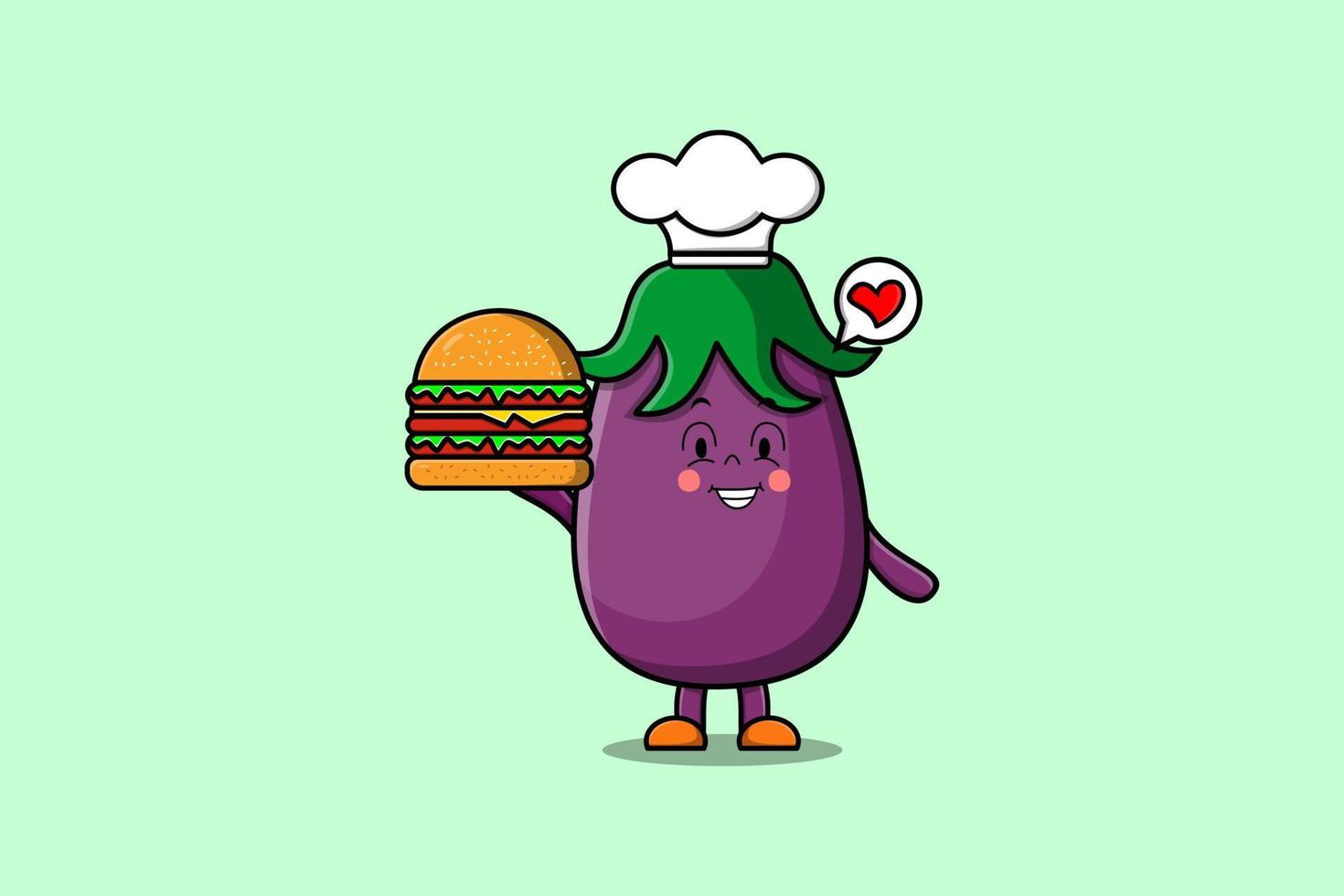 Cute cartoon Eggplant chef character hold burger vector