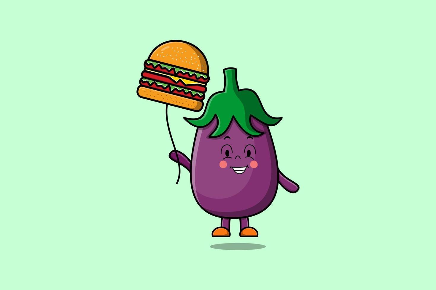 berenjena de dibujos animados lindo flotando con globo de hamburguesa vector