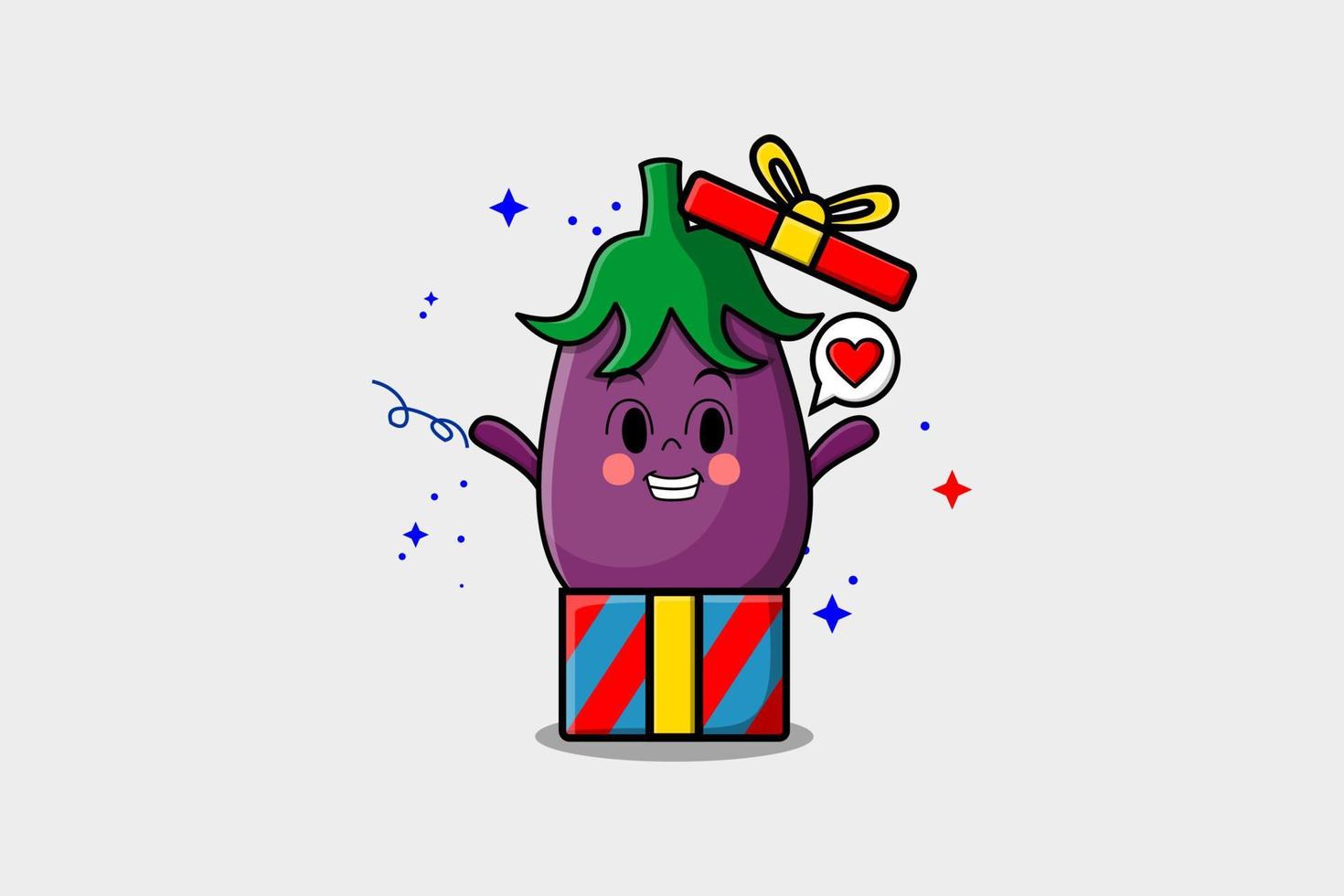 Cute cartoon Eggplant coming out from big gift box vector