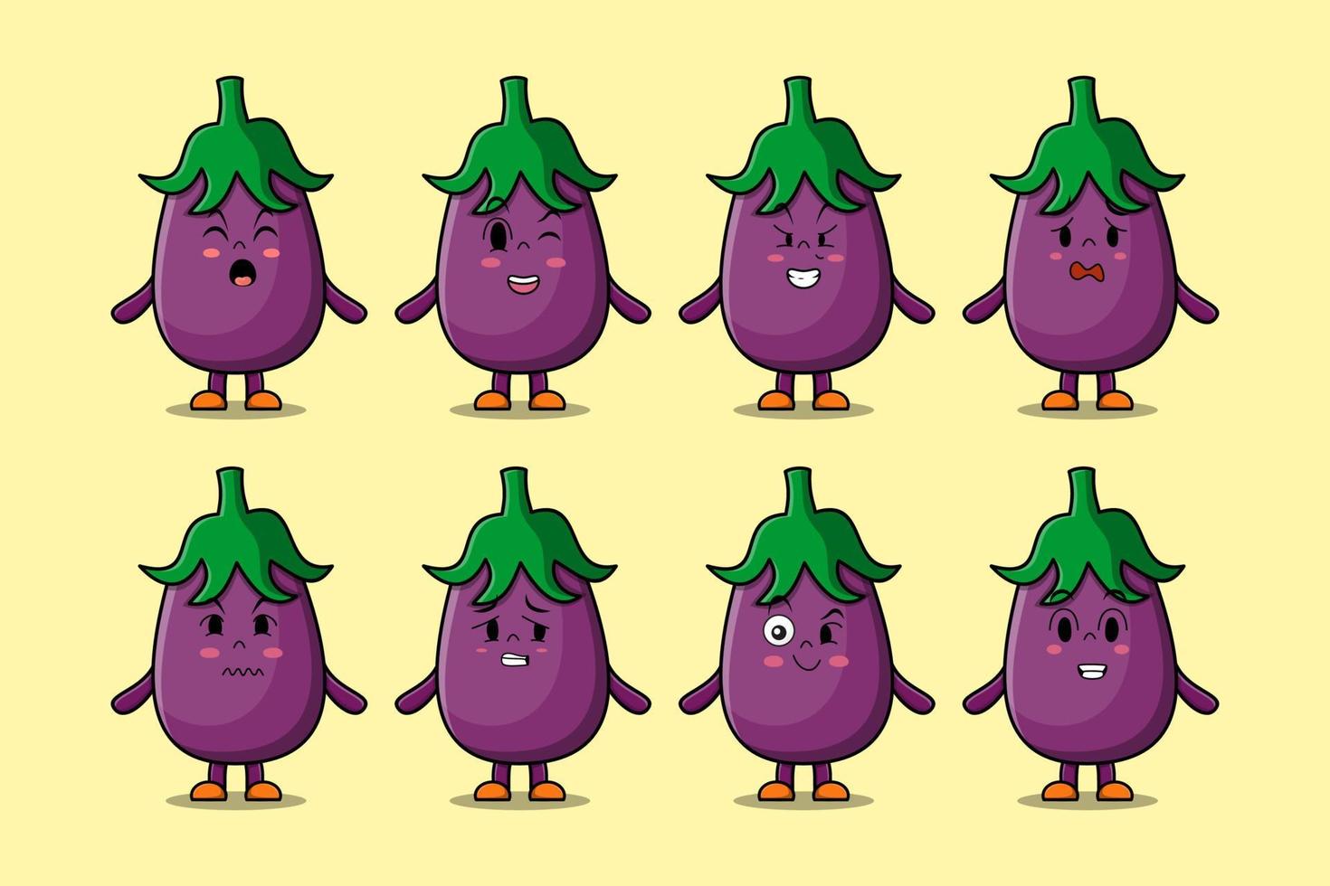 Set kawaii Eggplant cartoon different expressions vector