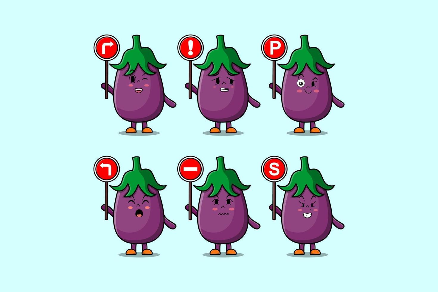 Cute Eggplant cartoon character hold traffic sign vector