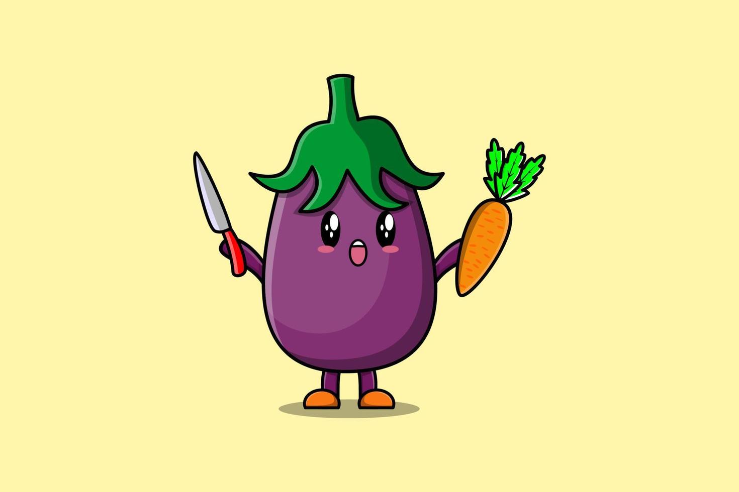 Cute cartoon Eggplant character holding knife vector