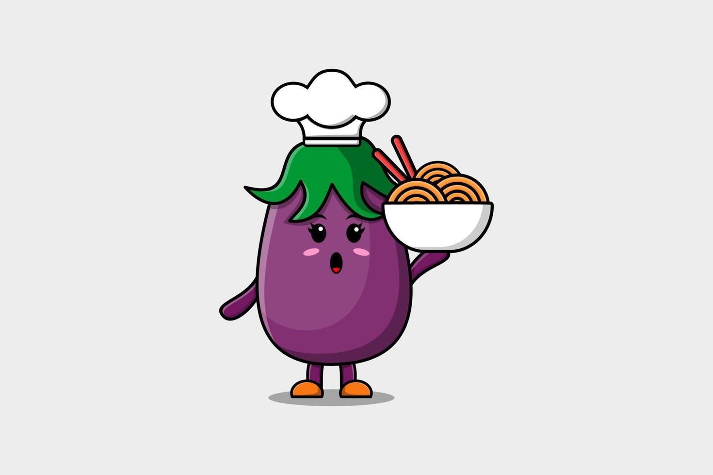 Cute cartoon Eggplant chef holding noodles in bowl vector