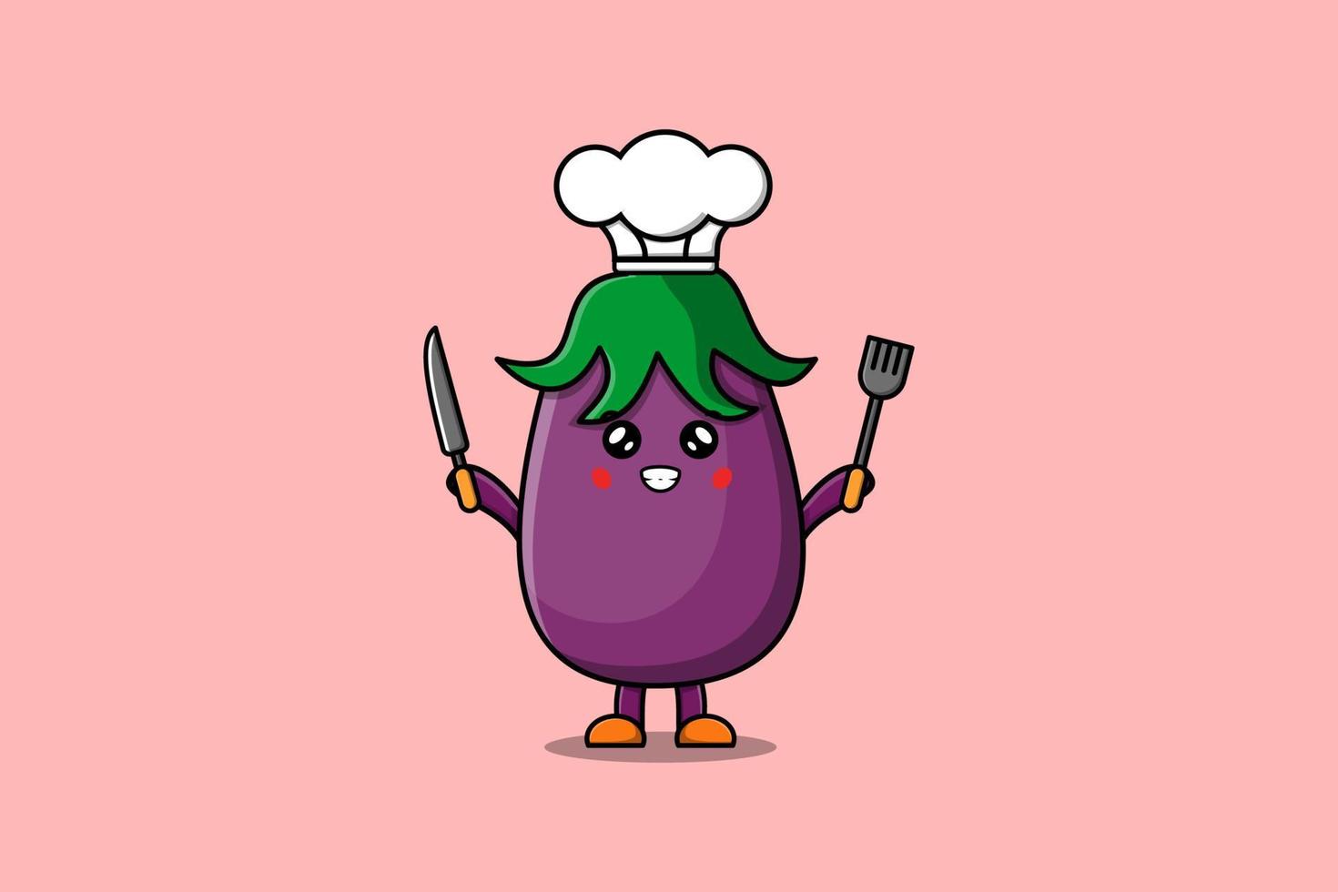 Cute cartoon Eggplant chef holding knife and fork vector