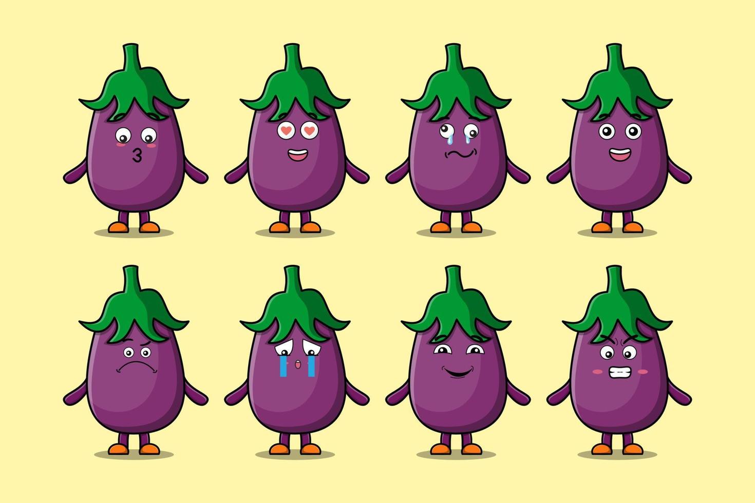 Set kawaii Eggplant cartoon different expressions vector