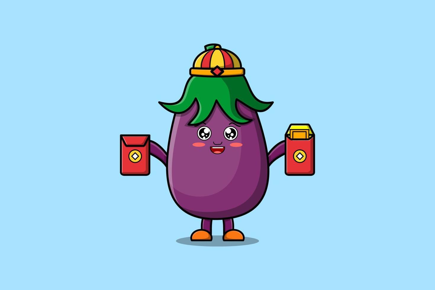 Cute cartoon Eggplant chinese holding red packets vector
