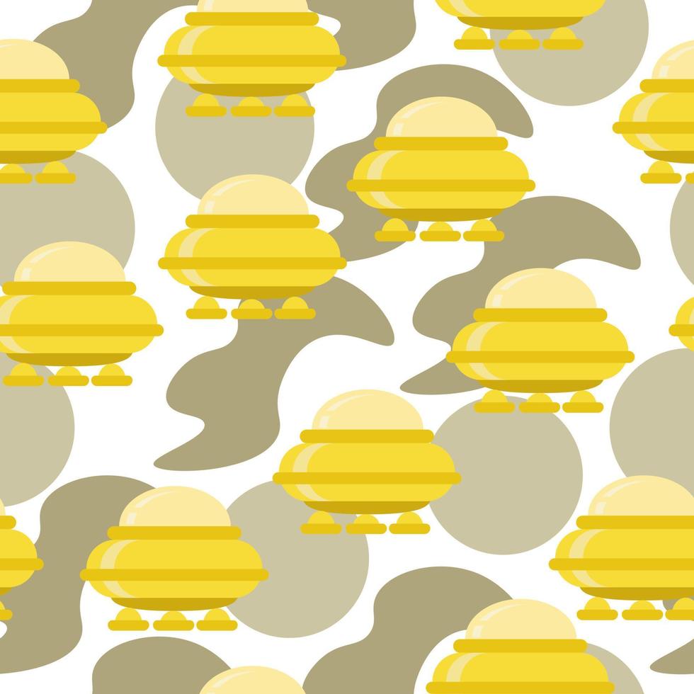 Seamless pattern of UFO spaceships in yellow shades in cartoon style, flying objects and abstract spots on a white background vector