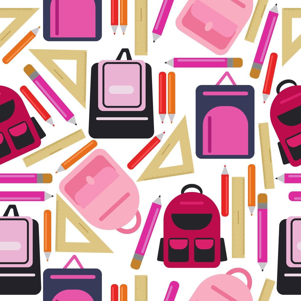 patrón impecable de mochilas escolares, reglas y lápices en tonos rojos rosados sobre un fondo blanco vector