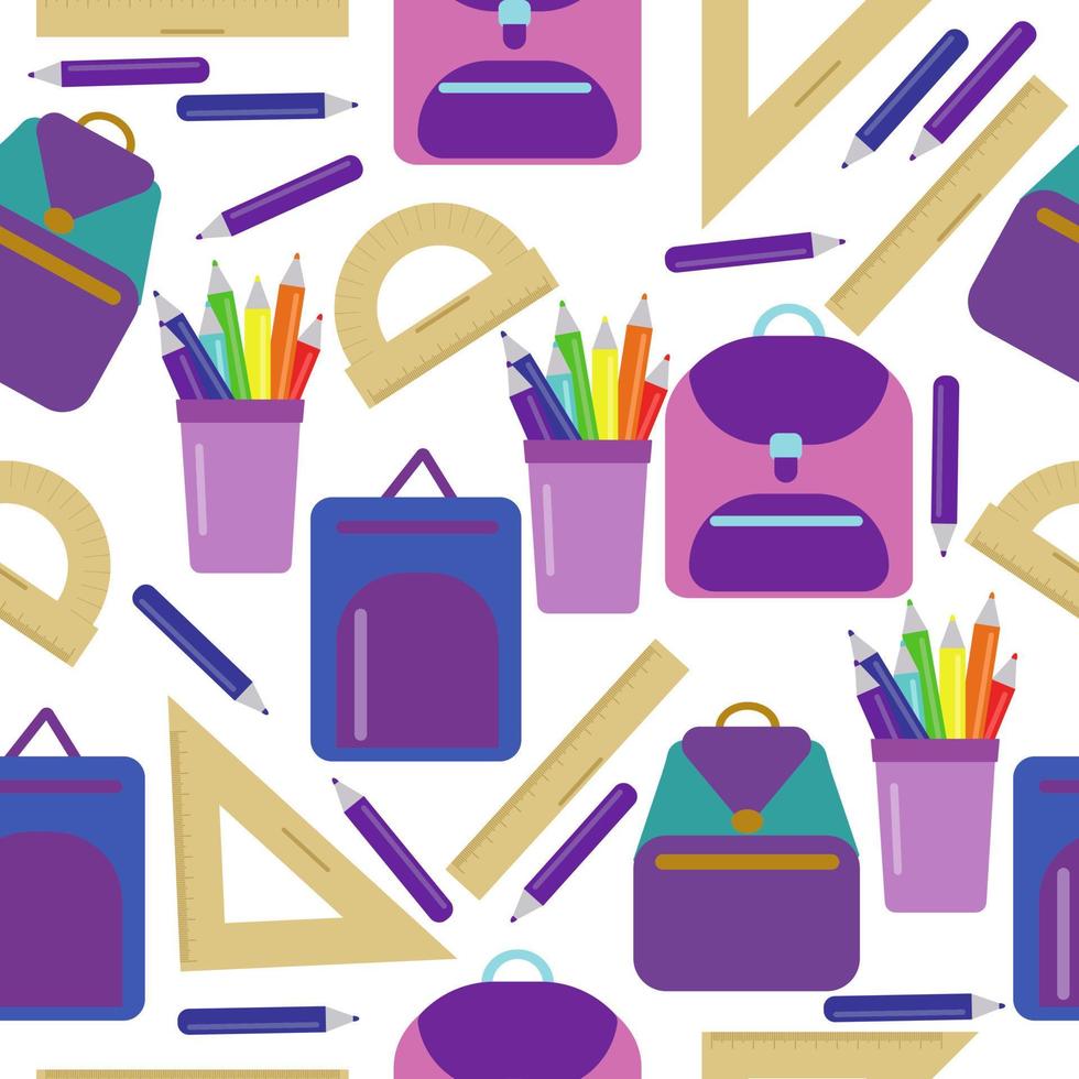 Seamless pattern of school backpacks, rulers and pencils in purple shades on a white background vector