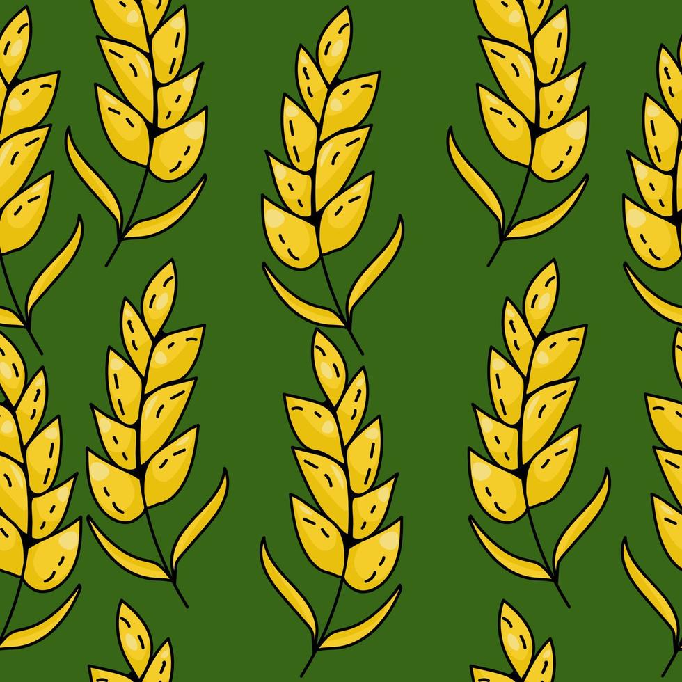 Seamless pattern of bright yellow spikelets on a dark green background vector