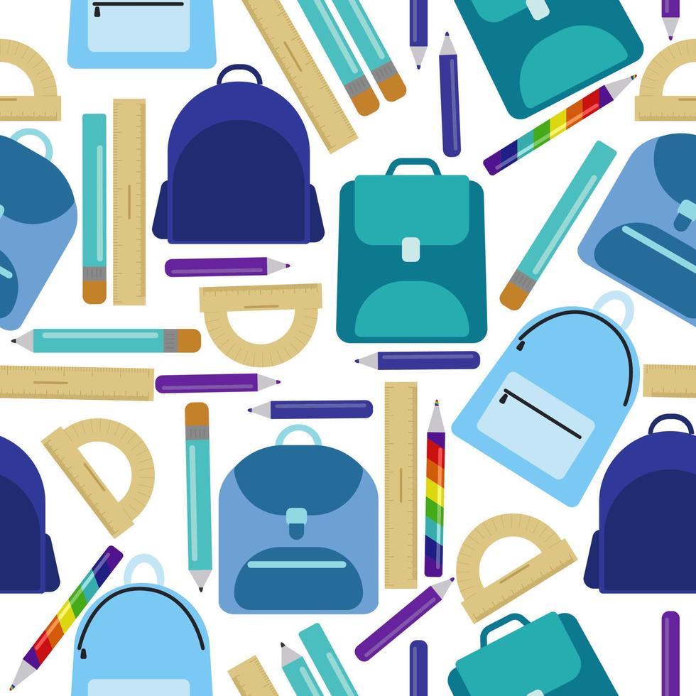 Seamless pattern of school backpacks, rulers and pencils in blue shades on a white background vector