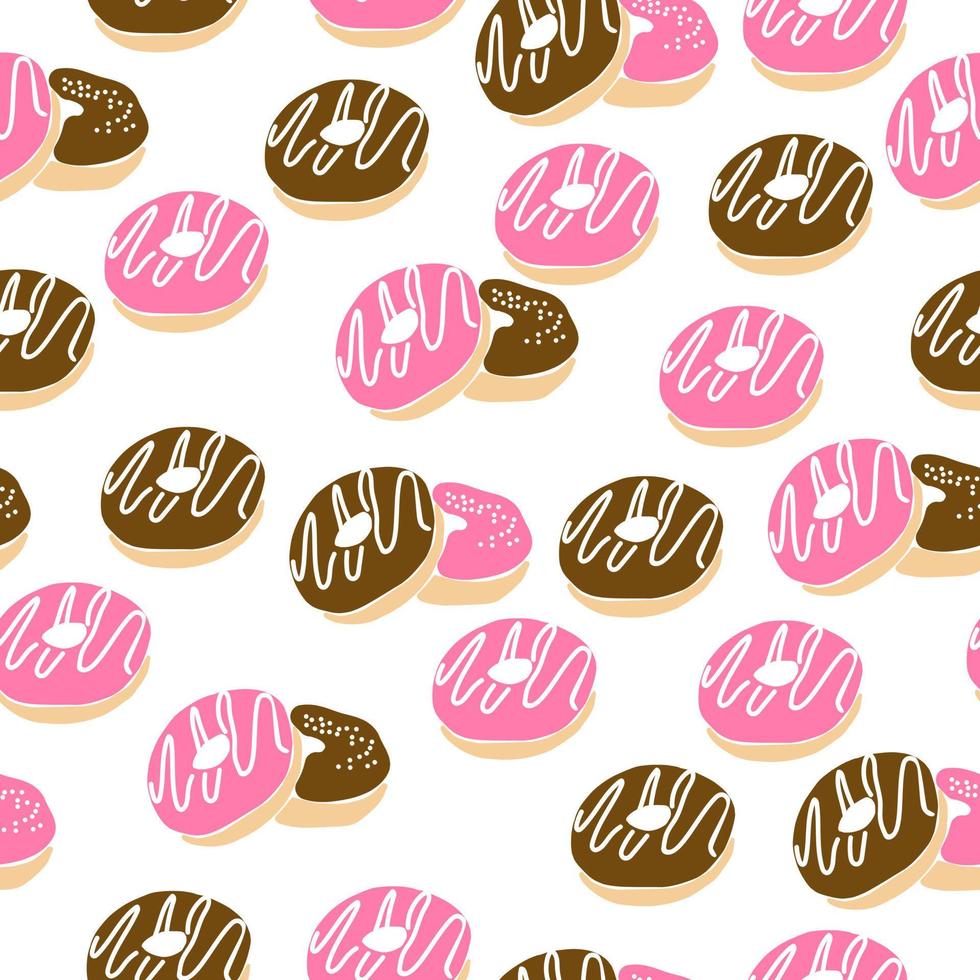 rosa brillante y donuts de chocolate patrón sin costuras en la ilustración de vector de fondo blanco