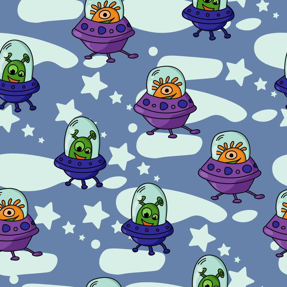 UFO spaceships seamless pattern with green and orange aliens, flying objects and abstract spots with stars on a blue background vector