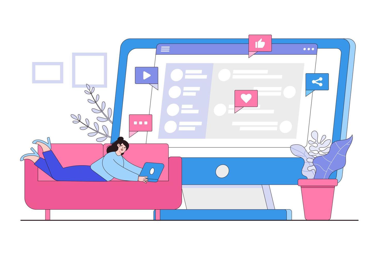 mujer joven relajante en el sofá con ordenador portátil. la chica chateando con amigos a través de un dispositivo digital, redes sociales. diseño de personajes de dibujos animados planos para página de destino, web móvil y banner vector