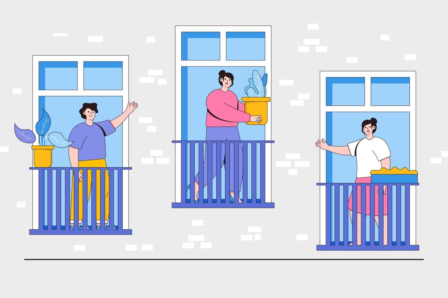 People living behavior, neighborhood concept. People stand on balconies and look out of windows. Building exterior or facade with man, woman and children inside apartments. Flat style illustration vector