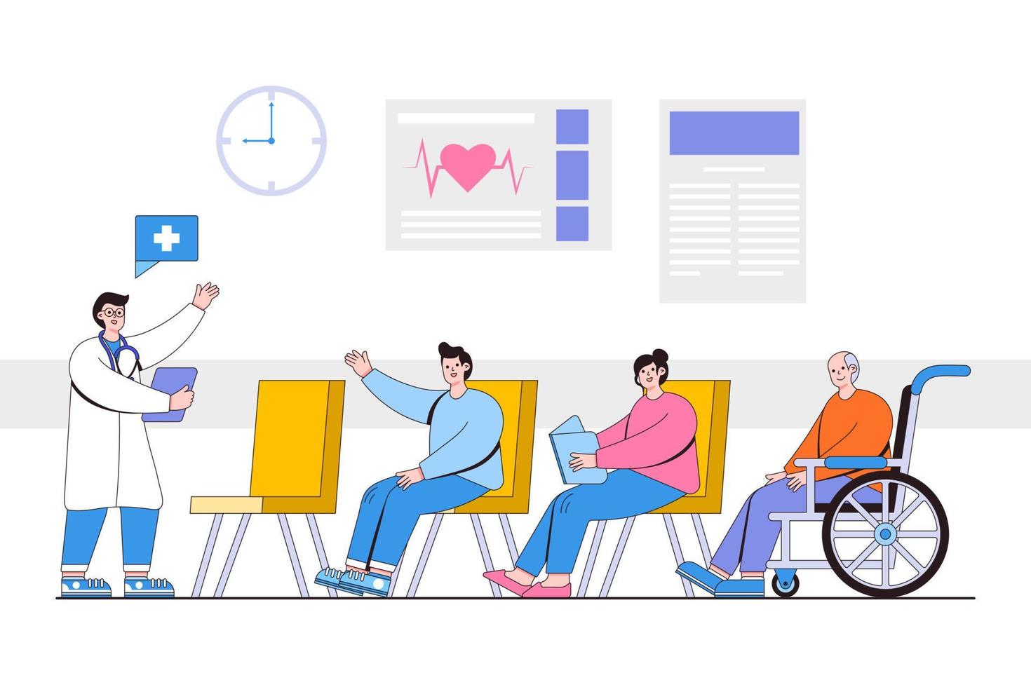 Patients sitting in chairs waiting appointment time at hospital doctor consultation. Doctor in uniform is welcoming visitors for medical diagnosis. Modern flat style illustration vector