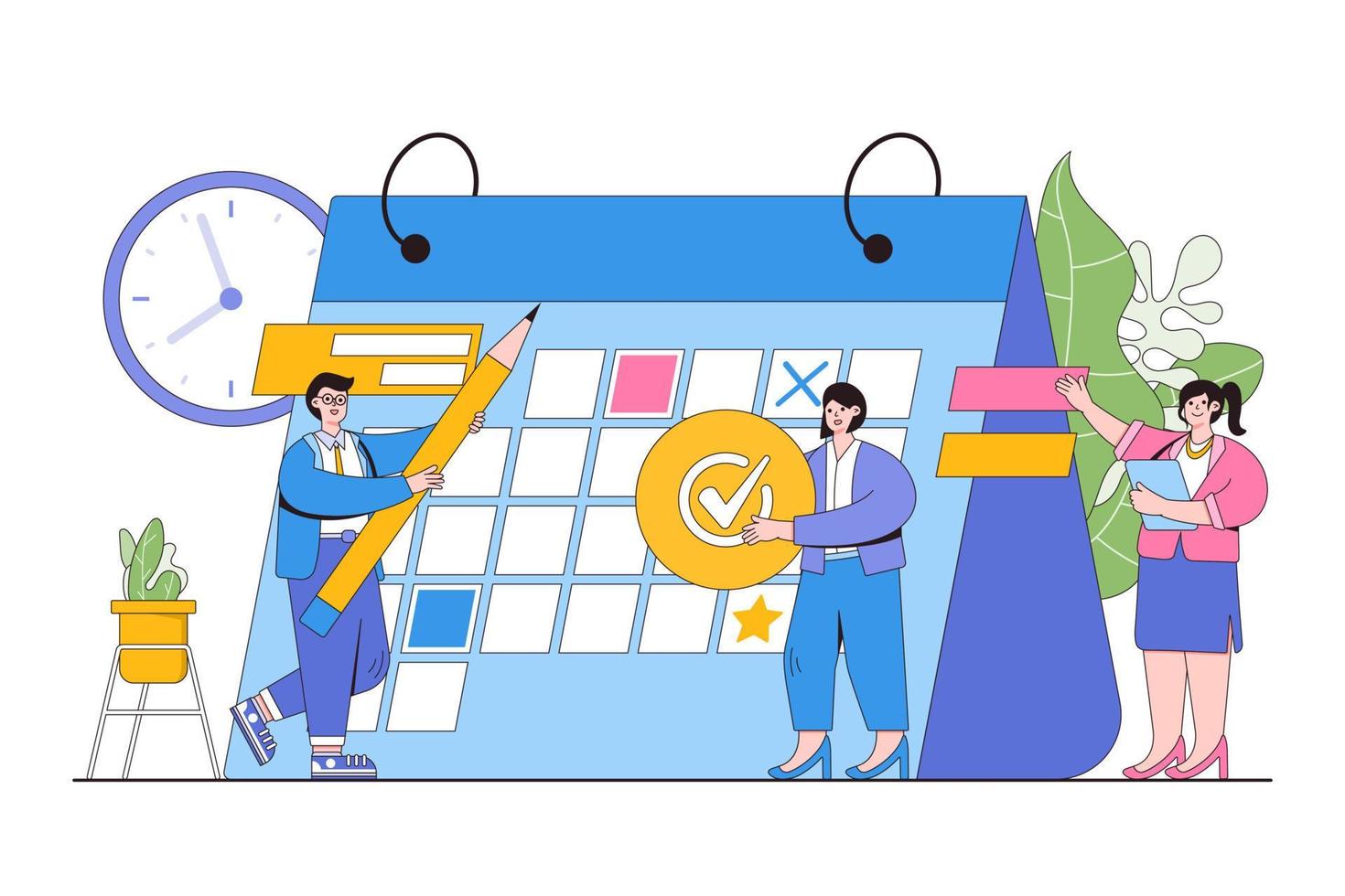 planificación de personas, calendario y concepto de gestión del tiempo. jóvenes o trabajadores que completan el calendario en un gran trabajo de planificación de calendario en curso. ilustración vectorial moderna en estilo plano vector