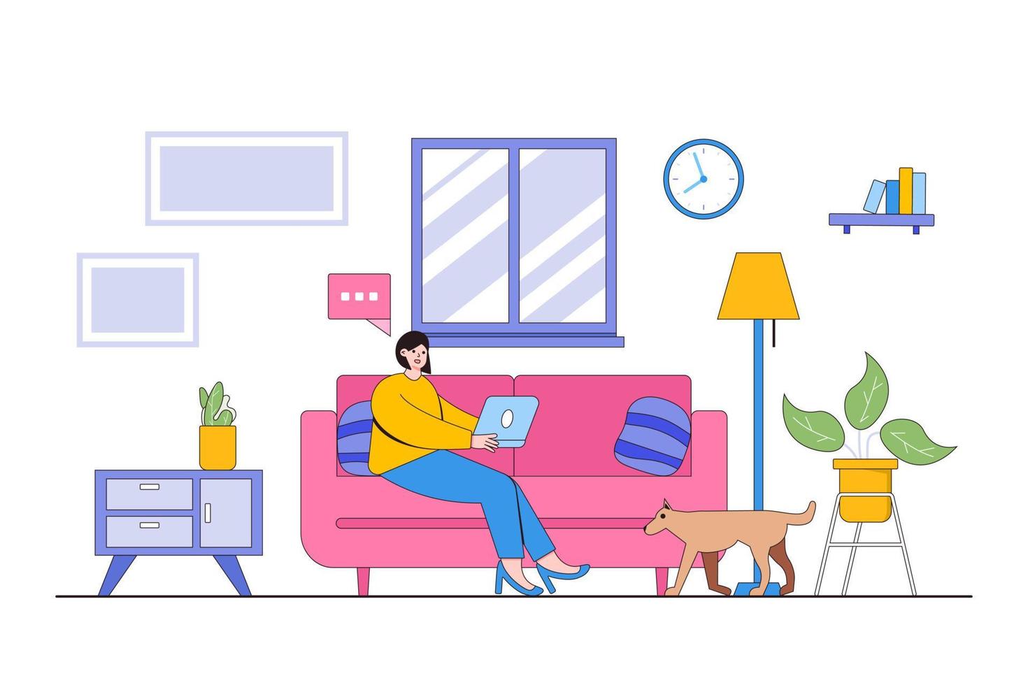 Happy woman sitting on sofa and working with laptop at home. Freelancer and home lifestyle concept. Can use for backgrounds, infographics, hero images. Modern vector illustration in flat style