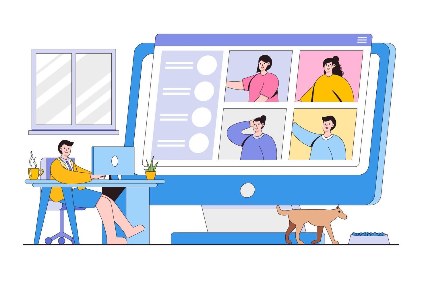 Video conference while work from home for online meetings and work. Male office workers in formal shirt and shorts having video call on computer vector