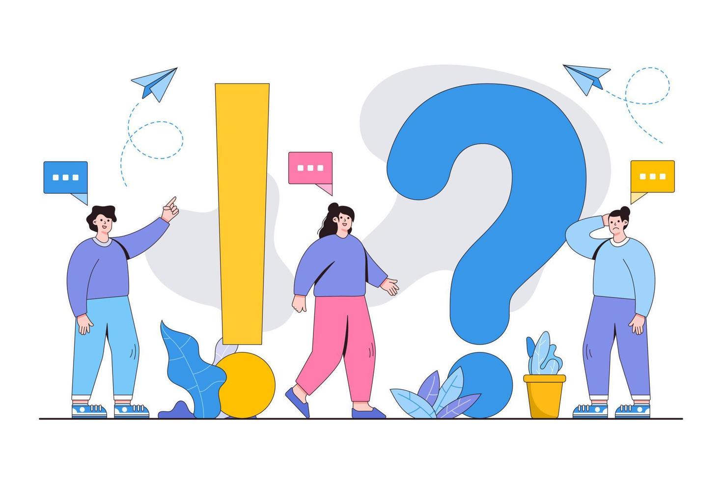 Frequently asked questions concept. Young woman and man with question and answer. People characters standing near exclamations and questions marks. Modern vector illustration in flat style