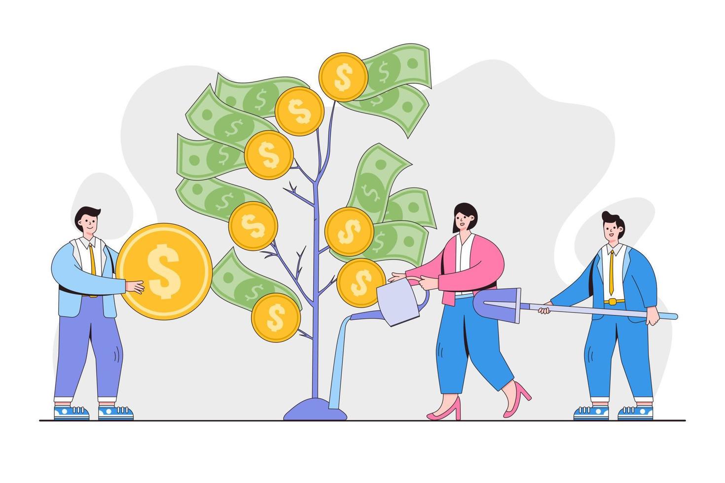 gente de negocios cultivando, plantando y regando un árbol de dinero. están trabajando juntos y haciendo negocios rentables. ilustración vectorial para negocios, finanzas, inversión, crecimiento, concepto de prosperidad vector