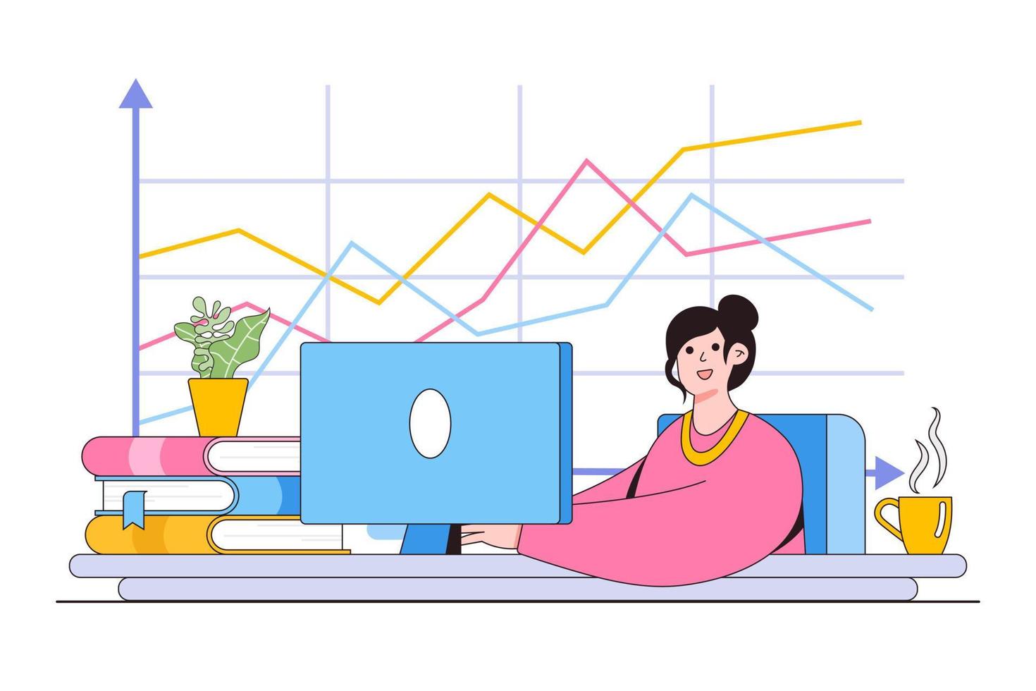 Female Office workers are studying the infographics, the analysis of the evolutionary scale. Vector illustration of business graphics, distance learning and education