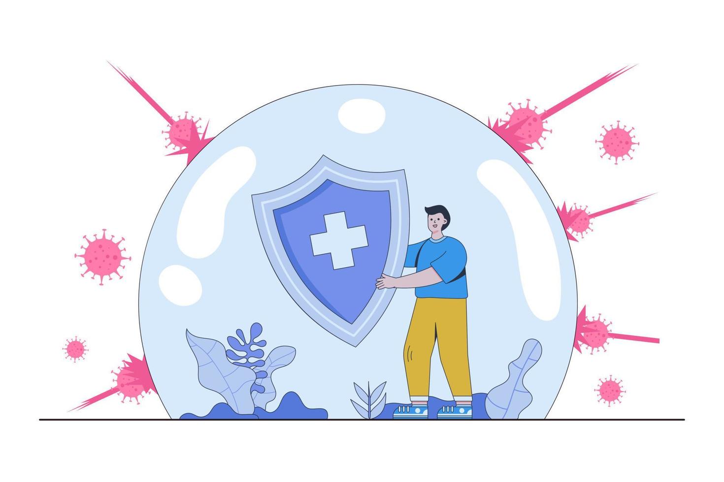 ilustración del concepto de sistema inmunitario con escudo. el escudo médico rodeado de virus y bacterias con un hombre sano refleja el ataque de bacterias. aumentar la inmunidad con medicamentos. vector de estilo plano moderno