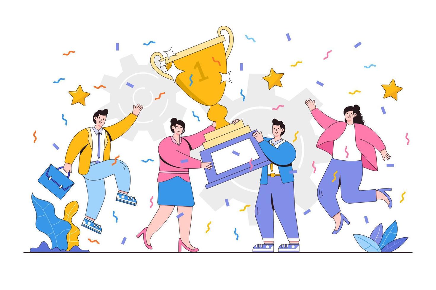 Successful business team concept. Happy business people holding prize winner cup and celebrating achievement. Modern flat style illustration for teamwork and award concept vector