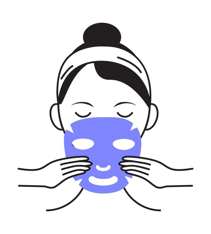 Facial mask sheet applying icon vector. Girl shows how to cleaning, whiting face and use cosmetic mask. Info-graphic in outline style illustration isolated vector