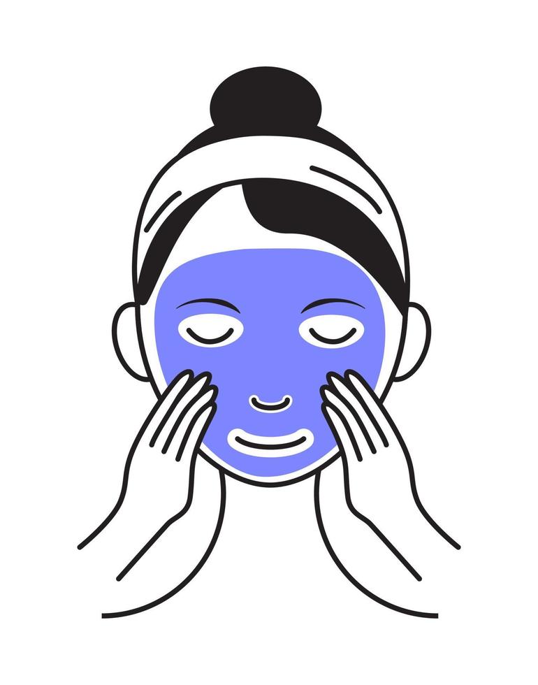 Facial mask sheet applying icon vector. Girl shows how to cleaning, whiting face and use cosmetic mask. Info-graphic in outline style illustration isolated vector