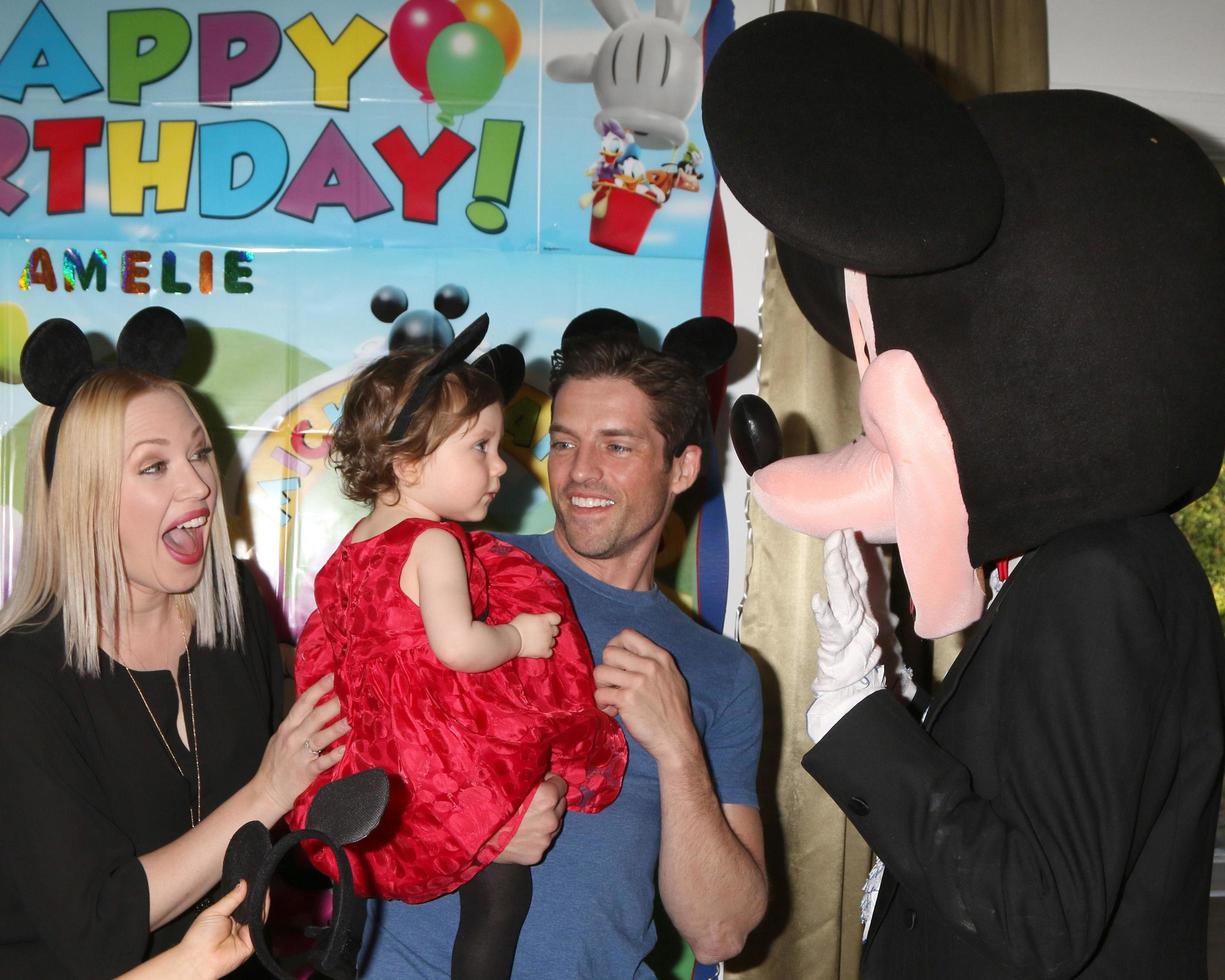 LOS ANGELES, DEC 4 - Adrienne Frantz Bailey, Amelie Bailey, Scott Bailey, Mickey Mouse character at the Amelie Bailey s 1st Birthday Party at Private Residence on December 4, 2016 in Studio CIty, CA photo